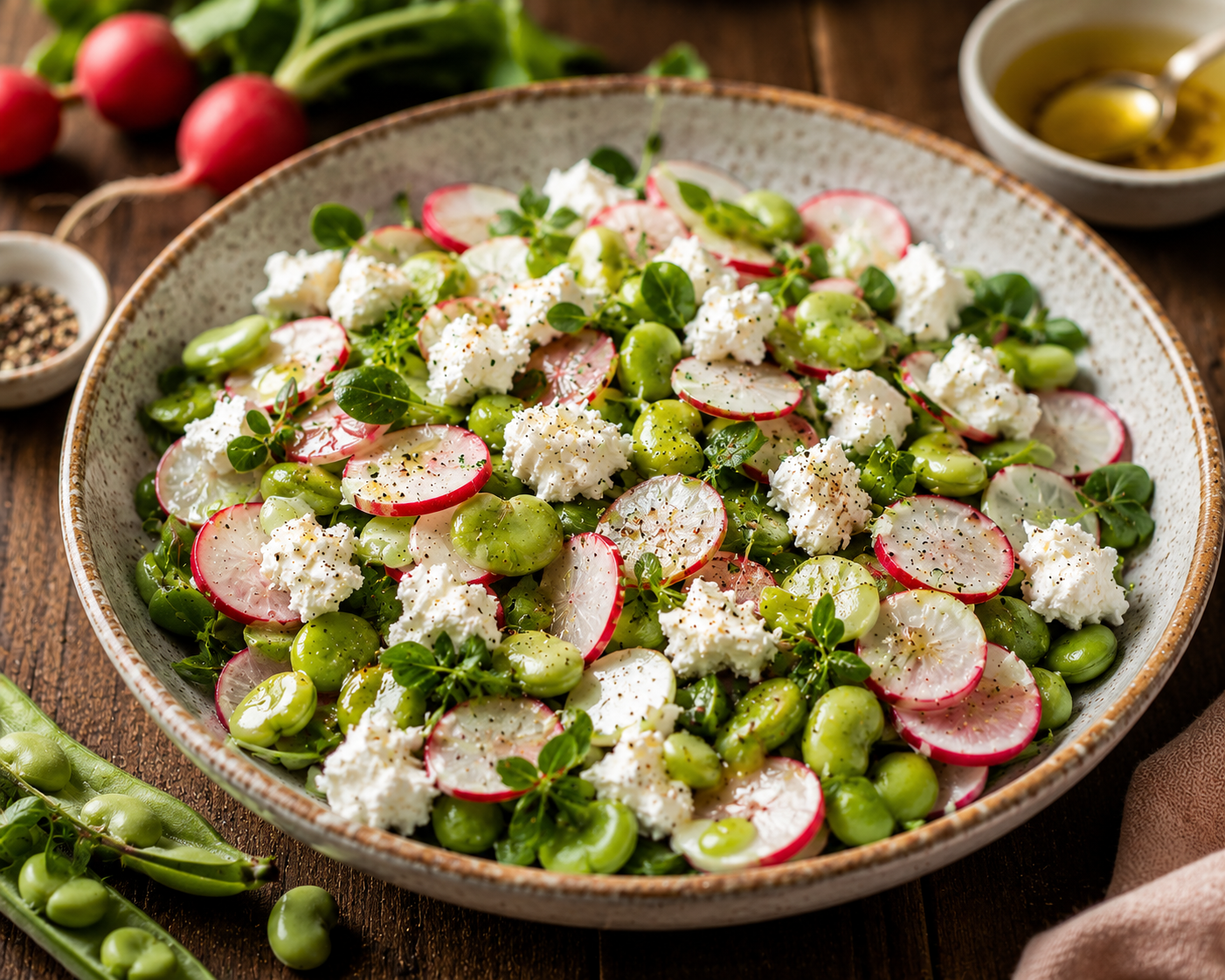 Salade printanière de fèves, chèvre frais et radis roses 🥗