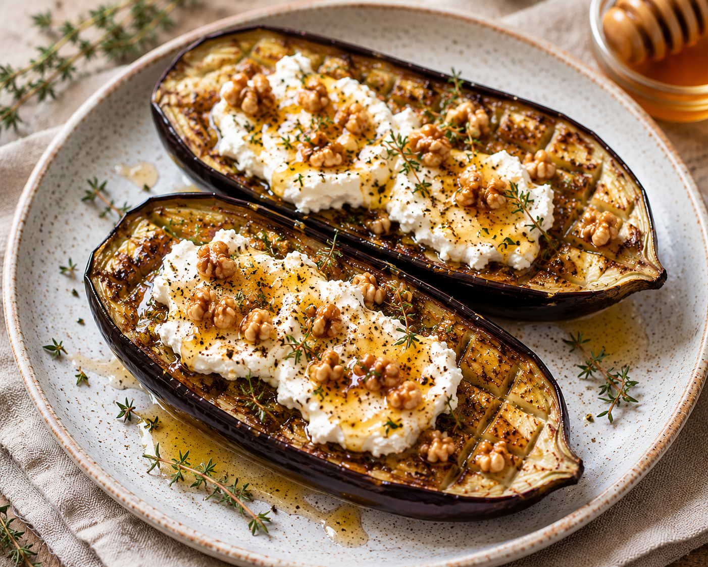 🍆 Aubergines rôties au chèvre frais et au miel
